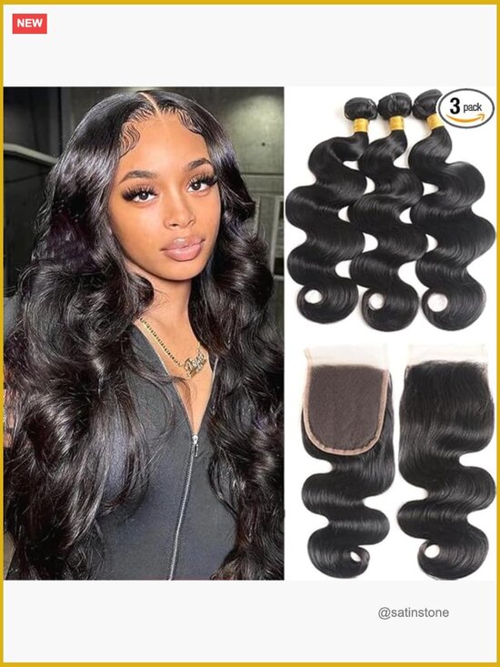 Body Wave Human Hair Bundles 3pcs w/ 4x4 Lace Closure 16in 100% Unprocessed main image 6